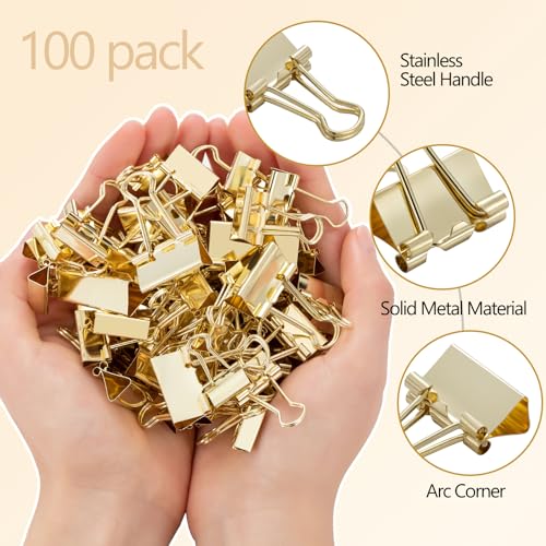 Binder Clip Paper Clamps, Assorted Sizes (Mini, Small, Medium, Large), 100 Pcs Clips for Office School Supplies (Gold)