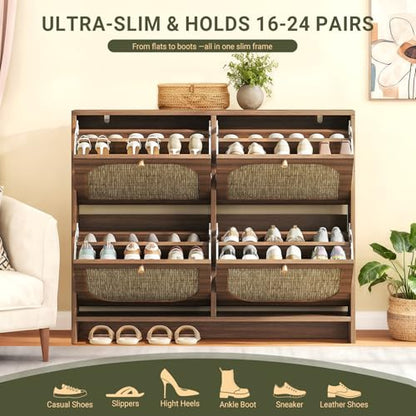 Freestanding Ultra Slim Arched Accent Entryway Shoe Storage - 4 Flip Drawers & 3-Tier Adjustable Shelves, Modern Slim Shoe Cabinet for Hallway, Foyer (flip Down Shoe Cabinet | Amber Oak)
