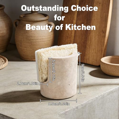 Natural Travertine Sponge Holder for Kitchen Sink Counter w A Plant-Based Kitchen Sponge, Fast Drying, Durable, Compact, Wabi-Sabi & Unique Sponge Caddy, Sink Organizer, Beige Travertine Home Decor