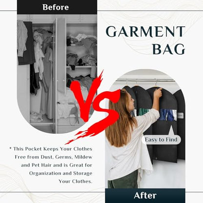 43" Black Garment Bags for Hanging Clothes Storage and Men Travel with Car, Hanging Suit bag Cover with Zipper, Clear Window and Name Tag for Shirt, Jacket, Suit, Coat (5 PACK)