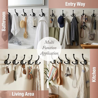 Cast Iron Tri Leg Coat Hooks (5 Pack) Wall Mounted Farmhouse, Decorative, Rust Proof for Exterior or Interior Wall Hooks, Vintage Hooks for Hanging Coats, Bags, Hats, Towels etc (Black)