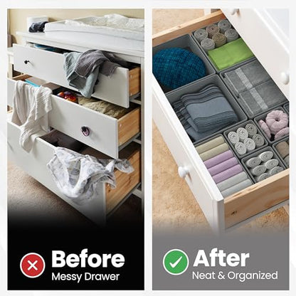 Drawer Organizer – 12 Pack Foldable Gray Fabric Storage Bins for Baby Clothes, Closet, Dresser, Nursery, Underwear, Diapers, Socks | Soft Drawer Dividers for Bedroom & Home Storage
