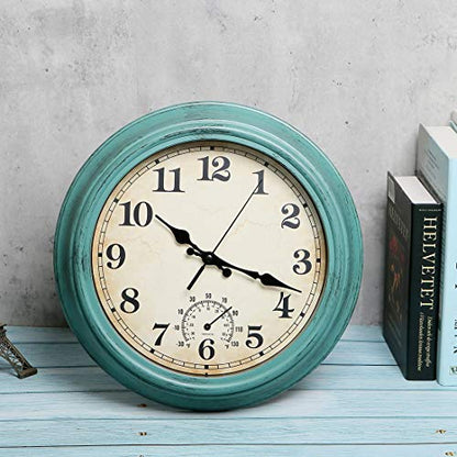 12 Inch Indoor/Outdoor Retro Waterproof Wall Clock with Thermometer,Vintage Battery Operated Silent Non Ticking Quartz Clock Wall Decorative for Kitchen/Bedroom/Living Room/Bathroom/Patio-Olive green