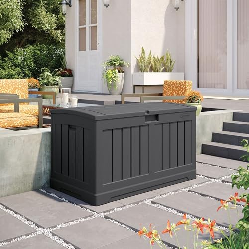 Suncast 50 Gallon Medium Capacity All Weather Construction Resin Outdoor Storage Deck Box with Arched Lid for Patio, Garden, or Pool, Peppercorn