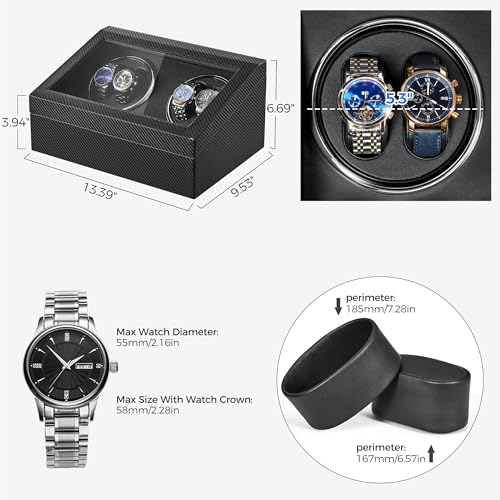 BEWISHOME Watch Winders for Automatic Watches, 4 Watch Winder | 6 Storage Case with Quiet Japanese Motor, Automatic Watch Winder Box Watch Rotator with Type-C Adapter, Carbon Fiber SYQ31C