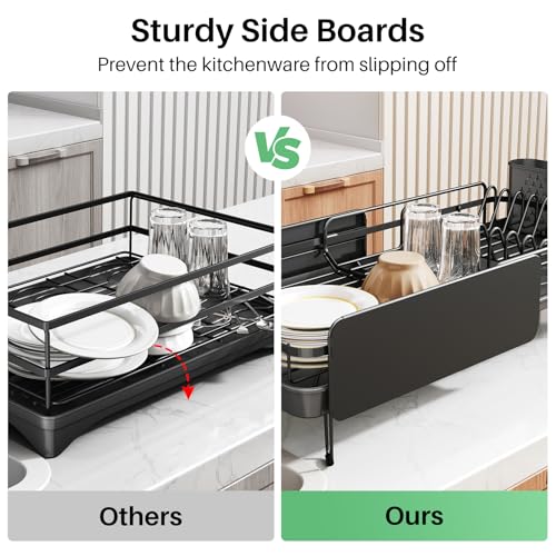 SNTD Large Dish Drying Rack for Kitchen Counter, Expandable, Black | Stainless Steel Dish Drainer, Adjustable Length 18.9''-29.3'', Automatic Drainage, 360° Spout, Cutlery Holder with Knife Slot