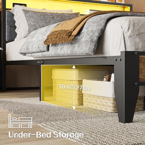 OLEVS King Bed Frame with Headboard, Metal Platform Bed King Size with 2-Tier Storage, LED Light & Charging Station Type C, No Box Spring Needed, Easy Assembly