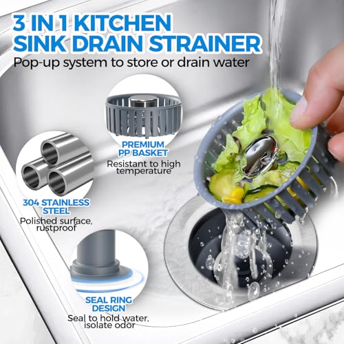 3 in 1 Kitchen Sink Drain Strainer Stopper Removable Basket Pop-Up | Kitchen Sink Accessories 2 Pack Silver Stainless - Food Catcher, Odor-Blocking Seal, Fits 3.5" Drain, Easy Clean