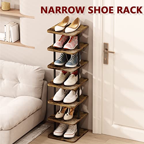 Shoe Rack Storage Vertical Narrow Shoe Organizer Shelf 7 Tier | Metal Slim Shelf,Modern Minimalist Free Standing Shoe Tower, Saving Space for Closet,Entryway,Bedroom,Black+Rustic Brown