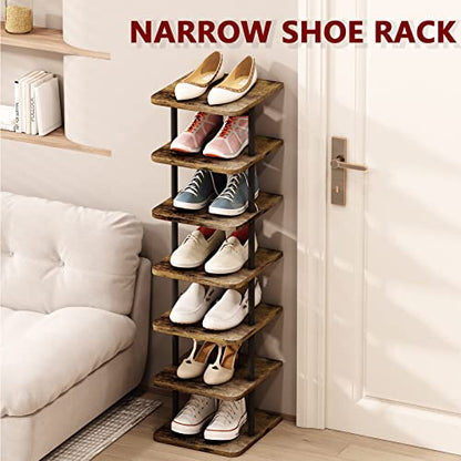 Shoe Rack Storage Vertical Narrow Shoe Organizer Shelf 7 Tier | Metal Slim Shelf,Modern Minimalist Free Standing Shoe Tower, Saving Space for Closet,Entryway,Bedroom,Black+Rustic Brown