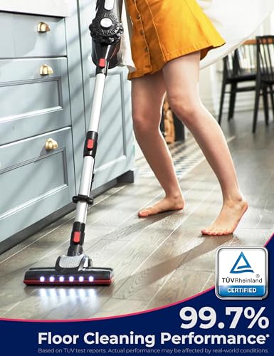 Roomie Tec Cordless Stick Vacuum Cleaner for Home, 2200mAh Battery | Up to 35 Min, High Suction Power, Lightweight, Self-Standing with LED Headlight, HEPA Filter - For Dorm Room, Floor and Cars.