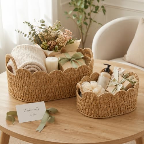 Paper Rope Scalloped Basket Set of 2, Wicker Storage Baskets for Shelves,Gifts,Books,Toys,Cute Decor Rattan Baskets for Organizing,Natural Color