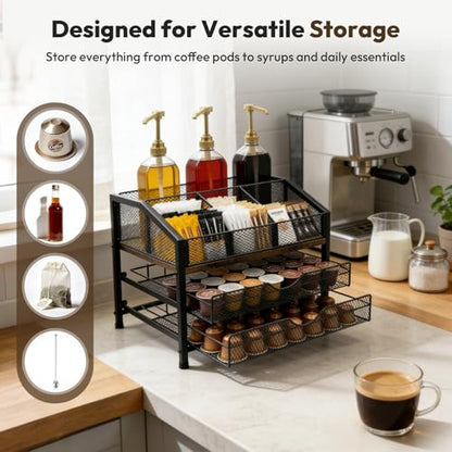Coffee Bar Organizer with 3 Syrup Pumps, 3-Tier Coffee Station Organizer for Countertop, Rustic Wood & Metal Holder for K Cup, Storage for Coffee Pods, Syrup Bottles, Tea Bags, Cups & Stirrer