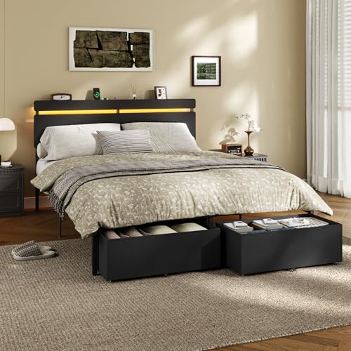 Forestell Queen Bed Frame with Wood Headboard,2 Storage Drawers & Shelf