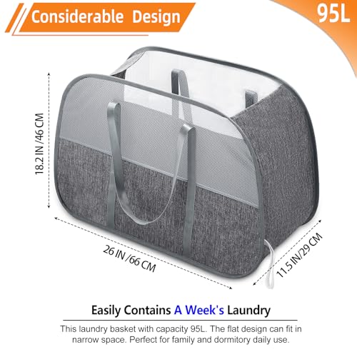 Collapsible Laundry Baskets with Easy Carry Handles, 95L Clothes Hamper for Storage, Foldable Laundry Basket Tear-proof, Large Pop Up Hampers for Laundry, Bedroom, Bathroom, Dorm Grey