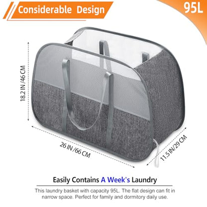 Collapsible Laundry Baskets with Easy Carry Handles, 95L Clothes Hamper for Storage, Foldable Laundry Basket Tear-proof, Large Pop Up Hampers for Laundry, Bedroom, Bathroom, Dorm Grey