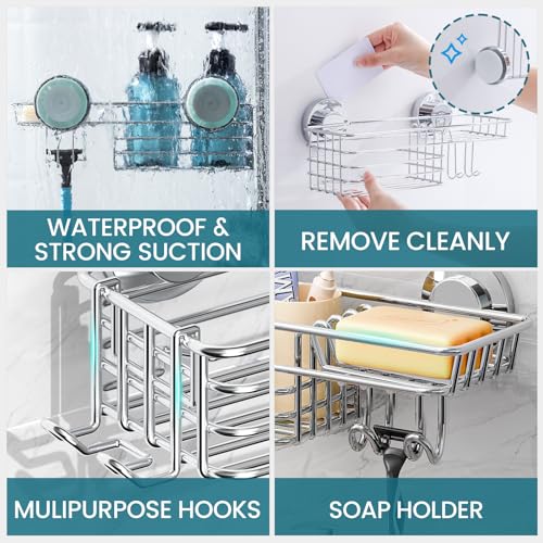 TAILI Shower Caddy Suction Cup with Hooks & Soap Holder, Silver | Heavy Duty Shower Organizers, Removable Bathroom Shelves for Inside,Stainless Steel Bathroom Holder