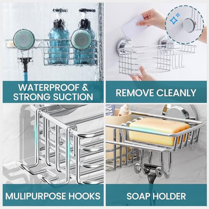 TAILI Shower Caddy Suction Cup with Hooks & Soap Holder, Silver | Heavy Duty Shower Organizers, Removable Bathroom Shelves for Inside,Stainless Steel Bathroom Holder