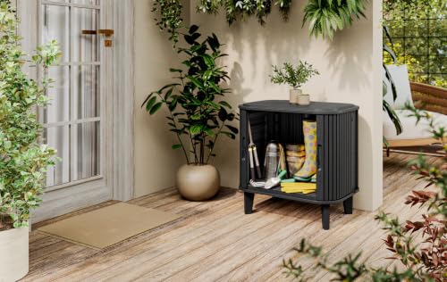 Keter Velo 30 Gallon Outdoor Storage Cabinet (2 Pack), Weather‑Resistant Resin Deck Boxes with Steel Reinforcement, Lockable, Wood‑Look Graphite