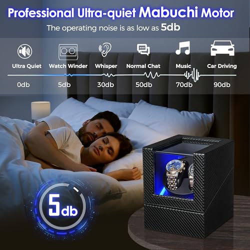 BEWISHOME Watch Winder for Automatic Watches,Double Watch Widner with Light | 4 Modes, Automatic Watch Winder Box Watch Spinner with Japanese Quiet Motor Type-C Adapter or Battery Powered, SYQ02C