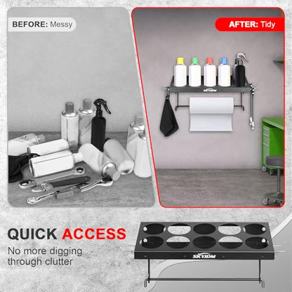 10 Aerosol Spray Can Holder with Paper Towel Holder & 4 Detachable Hooks, Space-Saving Tool Organizer Wall Mount for Garage, Workspace and Tool Room