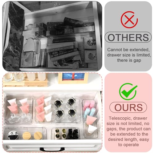 15 Pcs Extendable Clear Drawer Organizer, All Adjustable Vanity Storage Box, 2-Size Desk Drawer Organizer, Acrylic Storage Bins for Makeup, Cosmetic, Bedroom Dressers Tool Organizer for Gadgets