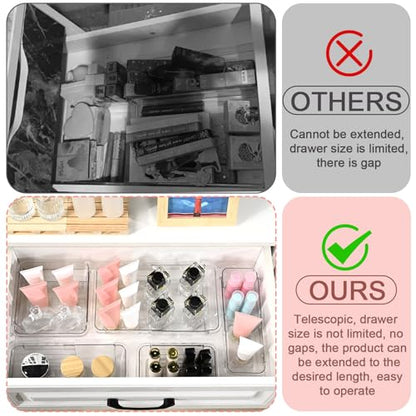 15 Pcs Extendable Clear Drawer Organizer, All Adjustable Vanity Storage Box, 2-Size Desk Drawer Organizer, Acrylic Storage Bins for Makeup, Cosmetic, Bedroom Dressers Tool Organizer for Gadgets