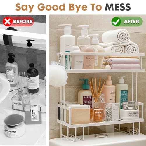 PowerKing Over The Toilet Storage Shelf, 2-Tier Bathroom Organizer, White | No Drill Installation, Rust Resistant Steel, 2 Hanging Hooks, Toilet Paper Holder, Restroom & Bathroom Space Saver