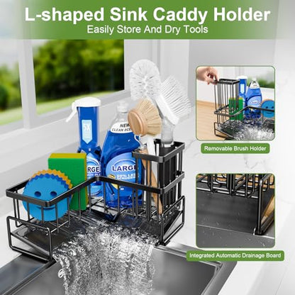 Large Sponge Holder for Kitchen Sink, 90-Degree Sink Caddy Storage | Self Draining Sponge Rack for Countertop, Metal L-Shaped Dish Soap Organizer with Brush Holder, Corner Sink Storage Ideas