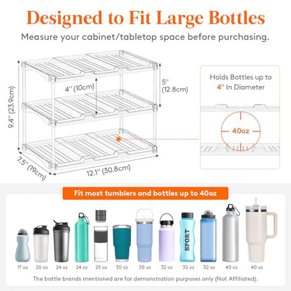 Lifewit Stackable Bottle Storage Organizer, Clear Freestanding Wine Holder for Cabinet, Large Slot Water Bottle Tumbler Cup Organizer for Pantry, Plastic Wine Rack for Fridge Cellar, 3Tier Hold 9