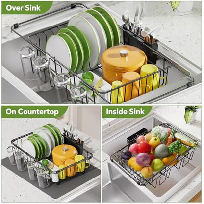 Simple Trending Expandable Dish Drying Rack in Sink, Black | Adjustable Dish Rack with Utensil & Cup Holder for Kitchen Counter, Dish Drainer Inside Sink, Over the Sink, Non-Slip Feet