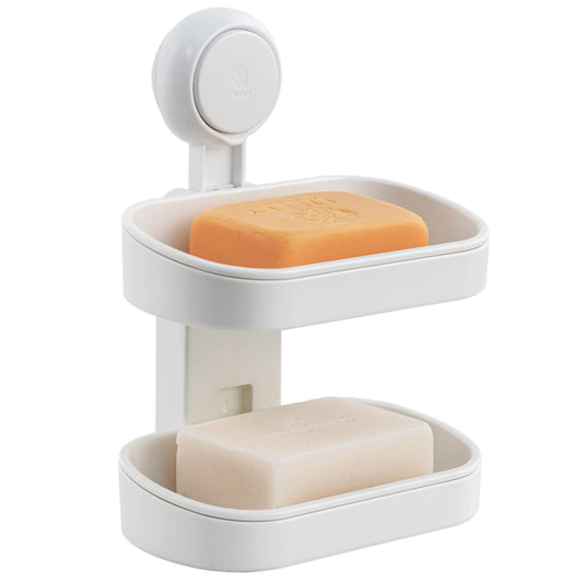 Soap Dish Holder for Shower, Double Layer Suction... (White | Plastic)