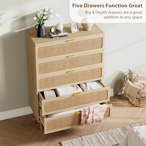 GarveeHome Rattan 5 Drawer Dressers for Bedroom, Deep Drawer, Natural | Tall Dresser, Wide Top, for Living Room, Hallway, Kids Room, Large Chest of Drawers for Closet, Long Wooden Dresser