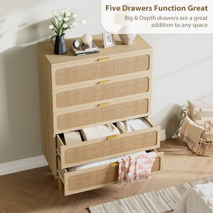 GarveeHome Rattan 5 Drawer Dressers for Bedroom, Deep Drawer, Natural | Tall Dresser, Wide Top, for Living Room, Hallway, Kids Room, Large Chest of Drawers for Closet, Long Wooden Dresser