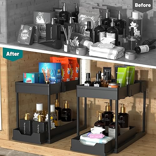 MEAFBIRD 2 Pack Under Sink Organizer, 2 Tier Bathroom Cabinet Organizer with Sliding Basket, Multi-Purpose Under Sink Organizers and Storage for Bathroom Kitchen (Black 2 Pack)