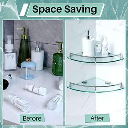 Crowye 8 Pcs Corner Shower Shelf 2-tier Glass Corner Shelf Stainless Steel Wall Mounted Bathroom Organizer for Storing Shower Gel Shampoo Brush, 9.25 Inches (Silver)