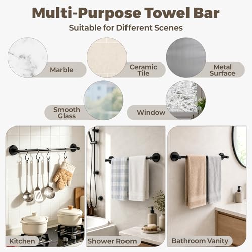 Adjustable Suction Cup Towel Bar – Towel Racks for Bathroom, 13.6-25 Inch, Stainless Steel Bathroom Towel Holder with 4 S Hooks, No Drill for Kitchen, Shower & Smooth Surfaces – Black