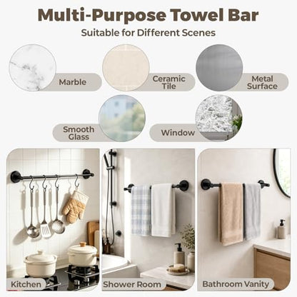 Adjustable Suction Cup Towel Bar – Towel Racks for Bathroom, 13.6-25 Inch, Stainless Steel Bathroom Towel Holder with 4 S Hooks, No Drill for Kitchen, Shower & Smooth Surfaces – Black