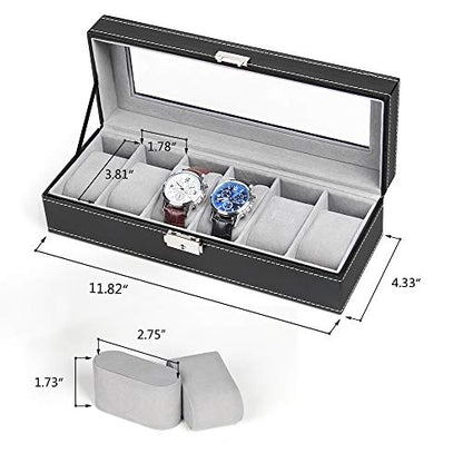 NEX 6 Slots Watch Box Organizer for Men, Black Watch Holder Display Case | Watch Storage Case
