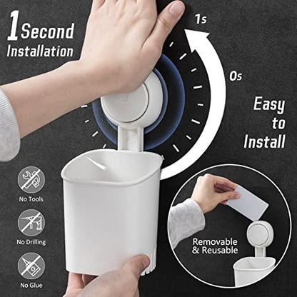 Powerful Suction Cup Toothbrush Holder, Drill-Free Wall Shower Holder for Toothbrush, Toothpaste, Razor, Removable Suction Cup in Shower, Self-draining Kitchen Tableware Organizer, White