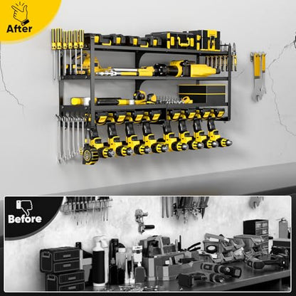 POKIPO Large Power Tool Organizer Wall Mount,4 Layers Heavy Duty Metal Loads 400lbs,Power Tool Shelf Battery Storage with 8 Cordless Drill Holder,Utility Racks for Garage Workshop