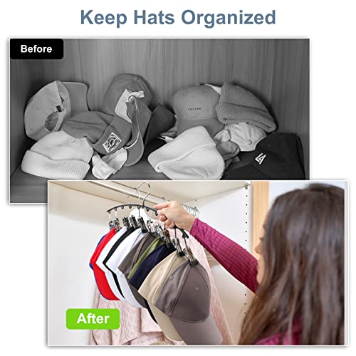 Hat Hangers for Closet,Hat Organizer Racks for Base Ball Caps 2 Pack | Metal Door Hats Racks for Baseball Cap with 10 Large Clips, Baseball Hat Holder for Closet Storage, Fits All Cap-Black
