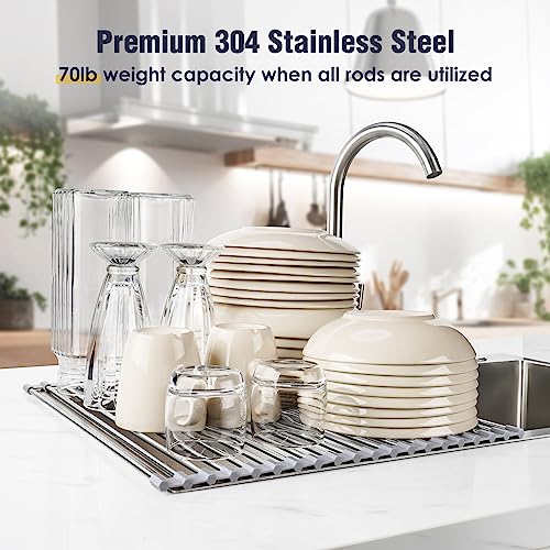 Tomorotec Roll Up Dish Drying Rack Over Sink, 304 Steel, 21x15.5, Grey | Anti-Slip Silicone Rims For Grip, Heat-Resistant Trivet Mat Holding Heavy Cookware, Rustproof Kitchen Counter Space Saver
