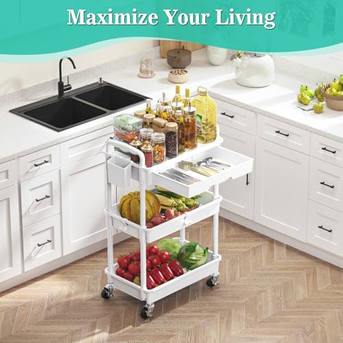 SUNALLY 3 Tier Rolling Cart with Drawer, Craft Storage Cart Organizer,White | Bathroom Storage Organizer with 2 Lockable Wheels, Rolling Utility Cart for Kitchen, Office, Baby, Makeup, Nail,Snack,Laundry