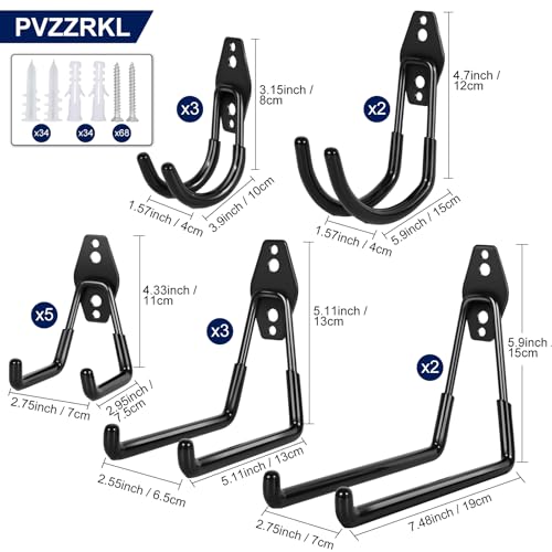 18 Pack Garage Hooks, Anti-Slip Coating, Hooks for Hanging Heavy Duty for Garages, Bicycles, Ladders, Gardening, Tools, Including 3 Organizing Straps