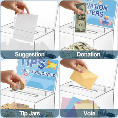 Clear Donation Box with Lock - Secure Ballot Box with Removable Sign Holder 2 Keys - for Money, Cards, Votes, Tickets, Feedback Collection (4.75"D x 6.29"W x 8"H)
