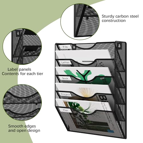 EasyPAG Wall File Organizer 5 Tier Hanging Paper Folder Holder, Zero Assembly Metal Mesh Wall Mounted Mail Organizer for Office Home Classroom Narrow Spaces, Black