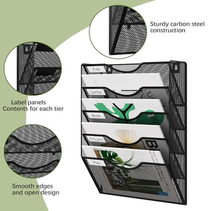 EasyPAG Wall File Organizer 5 Tier Hanging Paper Folder Holder, Zero Assembly Metal Mesh Wall Mounted Mail Organizer for Office Home Classroom Narrow Spaces, Black