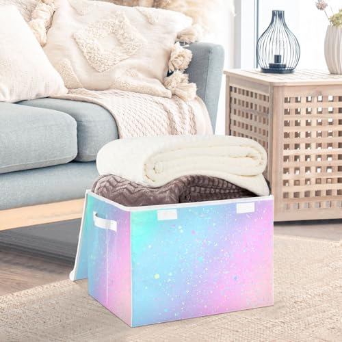 Large Collapsible Storage Bins with Lids, Unicorn Background with Rainbow Storage Baskets Organizer Containers with Handles for Clothes
