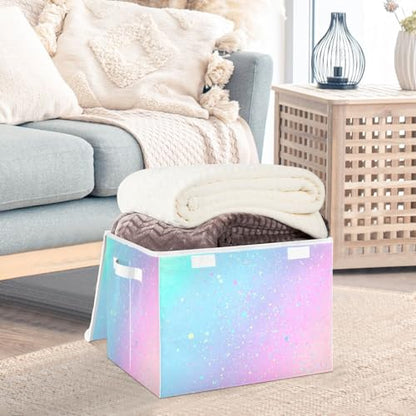 Large Collapsible Storage Bins with Lids, Unicorn Background with Rainbow Storage Baskets Organizer Containers with Handles for Clothes